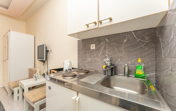 Fridge, stovetop, coffee/tea maker