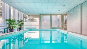 Una piscina interior con agua cristalina, rodeada de grandes ventanales y plantas en macetas.