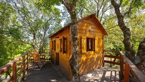 Une cabane en bois dotée d’une terrasse, entourée d’arbres.