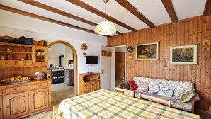Een gezellige kamer met een bed, houten meubels, een televisie en een kitchenette.