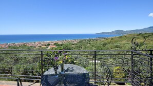 A balcony with a metal railing overlooking a coastal town and the sea.