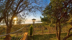 A garden pathway with a lamp post, surrounded by trees and a view of the sea.