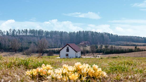 Una casa blanca amb un teulat vermell situada en un entorn rural, envoltada de camps i un bosc al fons.