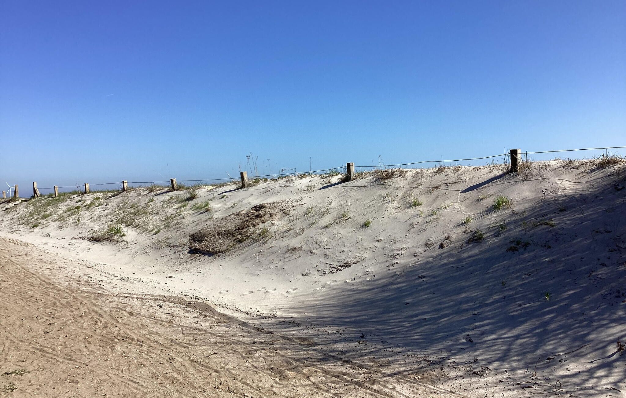 Una spiaggia sabbiosa con una recinzione e un cielo azzurro limpido.