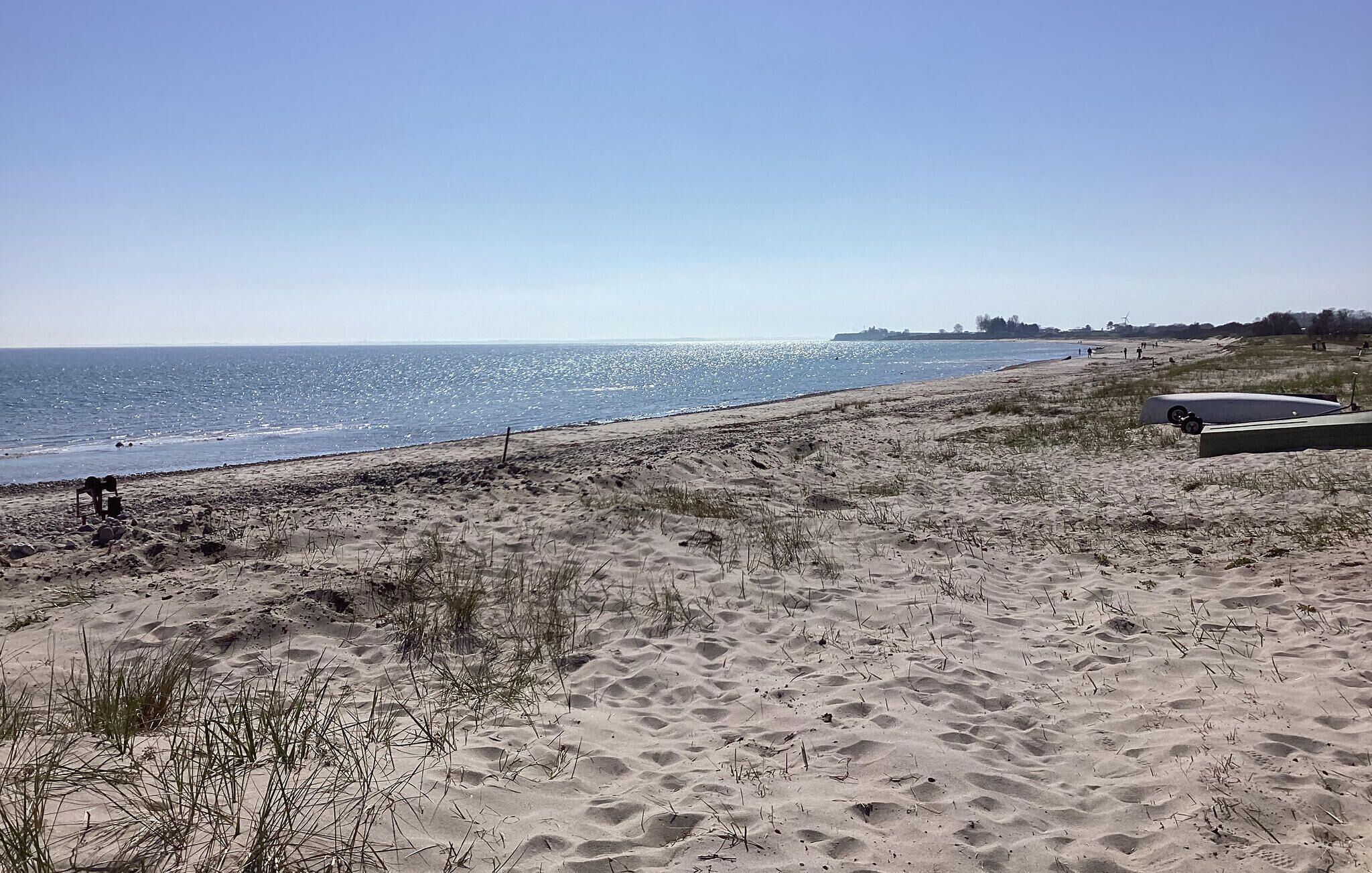 Una playa arenosa con vegetación dispersa y una vista despejada del océano.