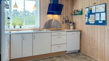 Fridge, stovetop, dishwasher, coffee/tea maker
