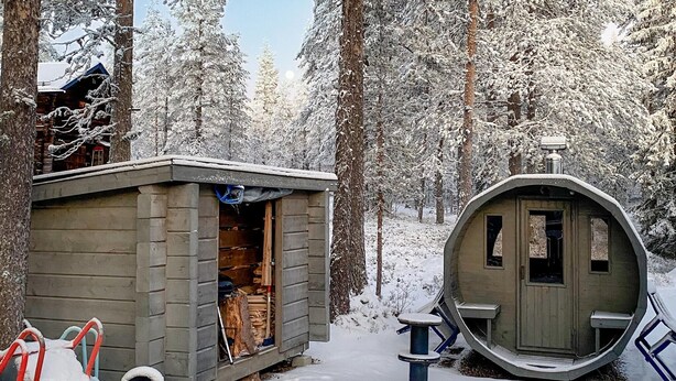 A cabin with a small shed and a round cabin-like structure, surrounded by snow-covered trees.