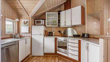 Fridge, stovetop, dishwasher, coffee/tea maker