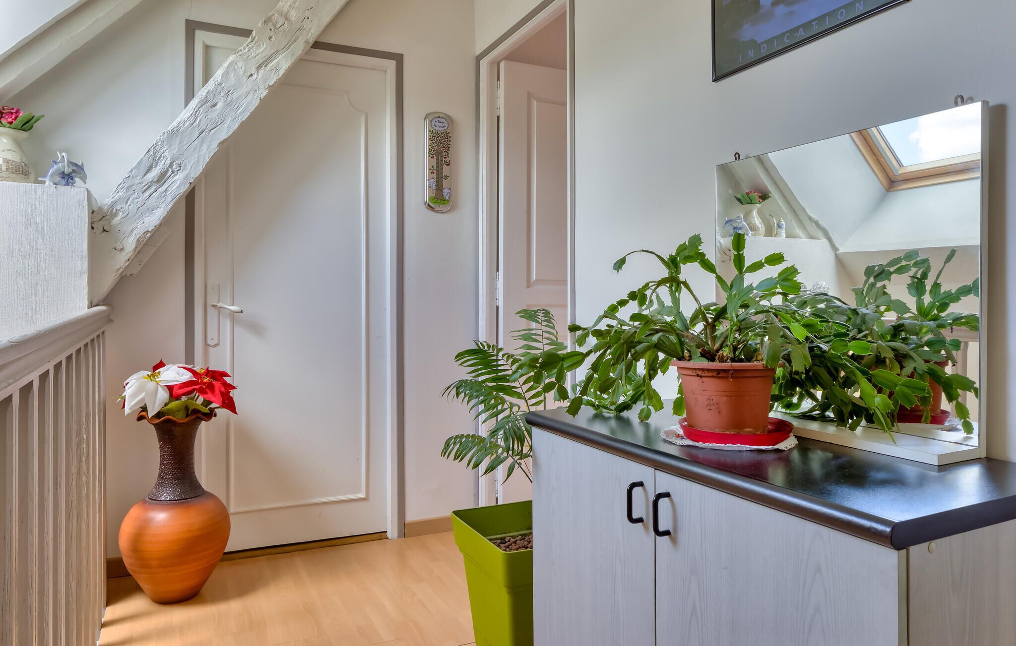 Un couloir avec un plancher en bois, une porte blanche, une poubelle verte, un meuble en bois avec une poignée noire et une plante en pot posée sur le meuble.