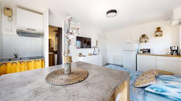 KĂŒhlschrank, Ofen, Herdplatte, Wasserkocher mit Kaffee-/Teezubehör