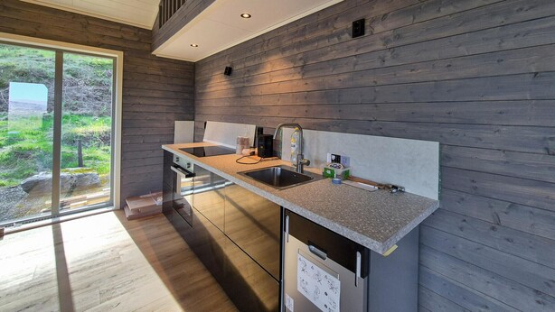 A modern kitchen with wooden panel walls, a stainless steel sink, and a built-in dishwasher.