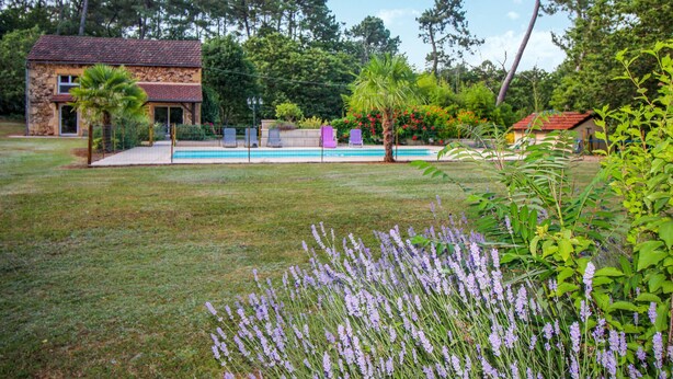 A stone house with a swimming pool, surrounded by a well-maintained lawn and various plants.