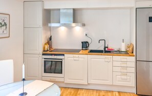 Fridge, stovetop, dishwasher, coffee/tea maker