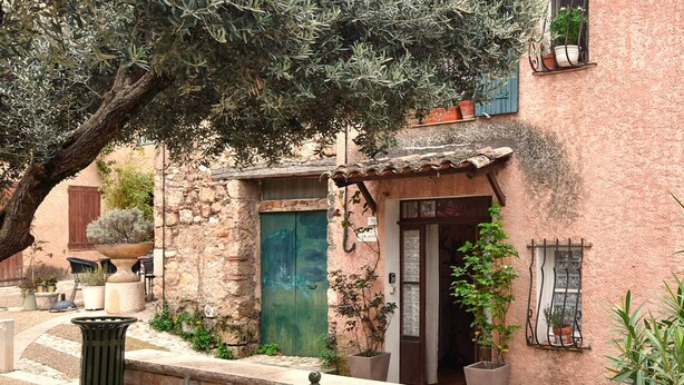 Un edificio rústico de piedra con puerta verde, plantas en macetas y tejado de tejas.