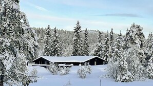 A snow-covered lodge with a large roof, surrounded by dense evergreen trees. - Cozy home in Nissedal with sauna (Nissedal)