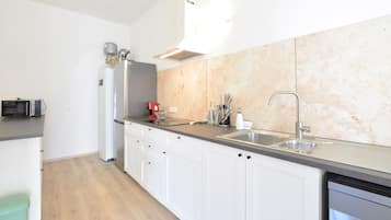 Fridge, stovetop, dishwasher, coffee/tea maker