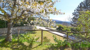 A stone wall, a wooden fence, and a paved path leading to a scenic view.