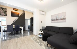 Smart TV, fireplace, foosball