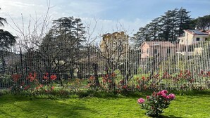 A well-maintained grassy area with a wire fence, flowering plants, and a clear sky. - IL CASTELLETTO (Grottaferrata)