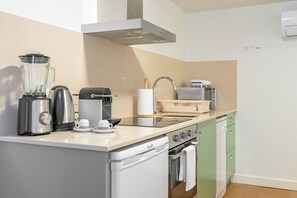 Fridge, microwave, oven, stovetop - Studio Apartment with Queen Bed - Casa da Brêa (Santa Marta de Portuzelo)