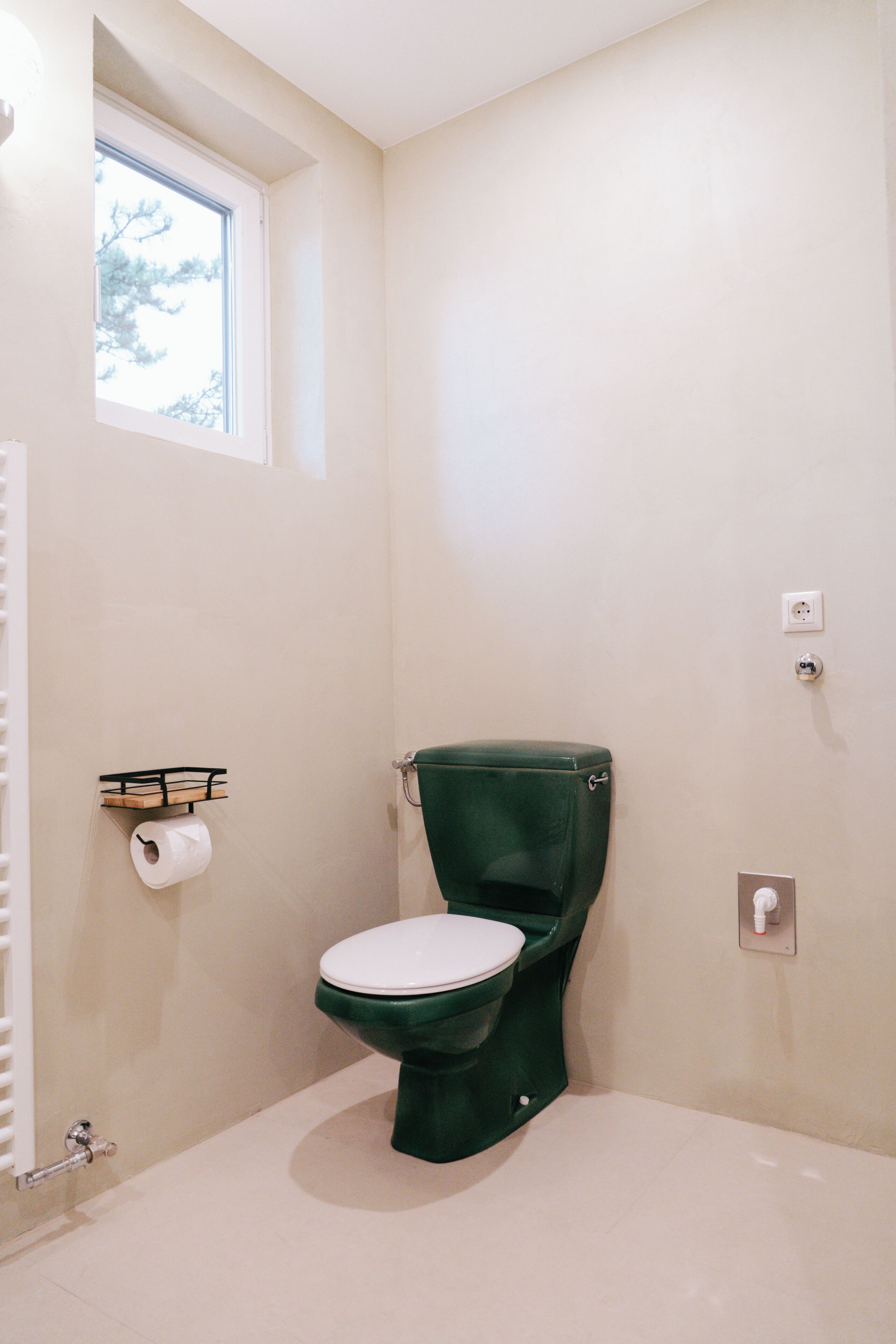 A small, white-walled bathroom with a green toilet, a window, and a toilet paper holder.