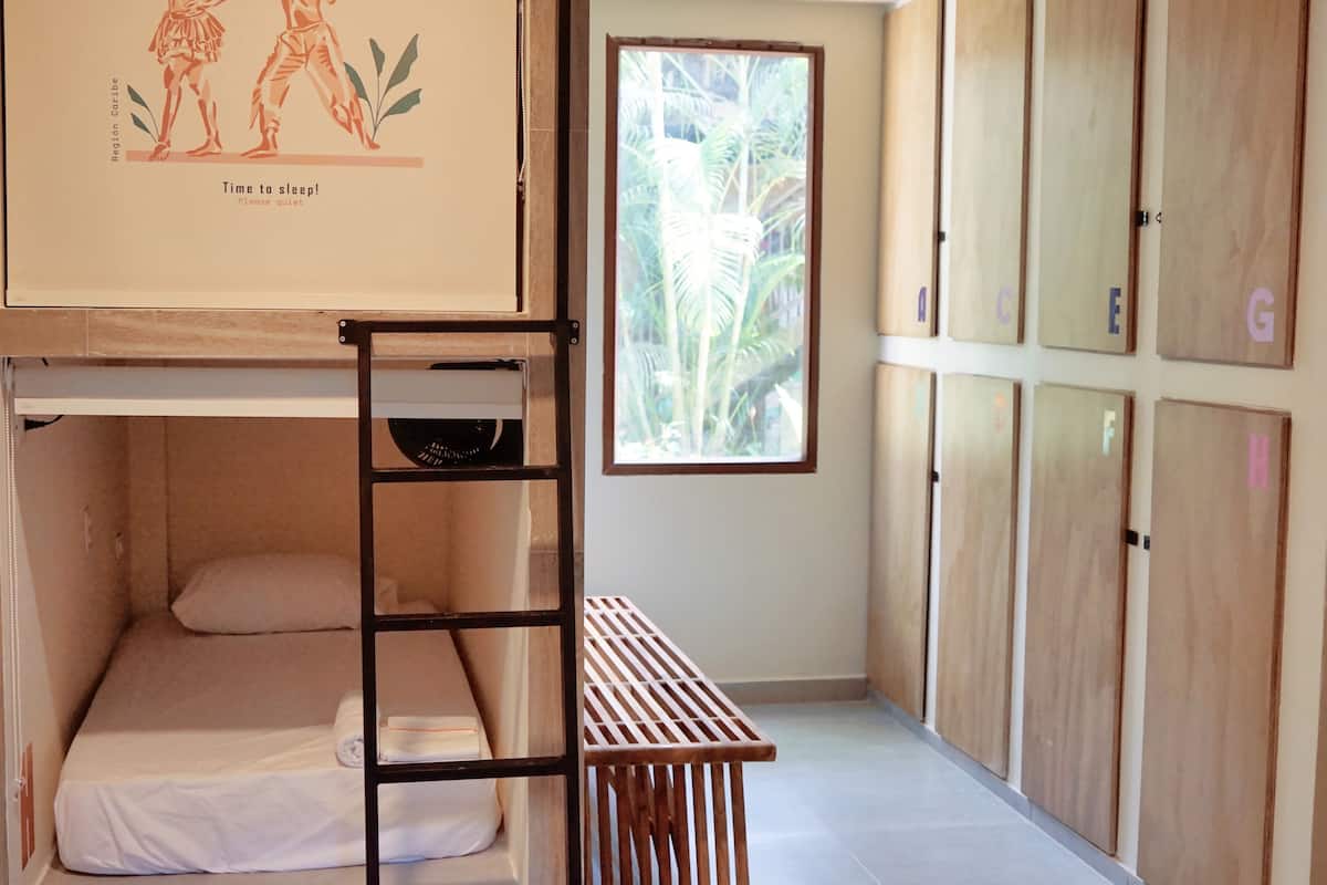 Una cama litera con escalera, una mesita pequeña y una ventana con vista a palmeras.