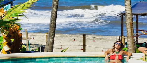 Outdoor pool, pool umbrellas, pool loungers