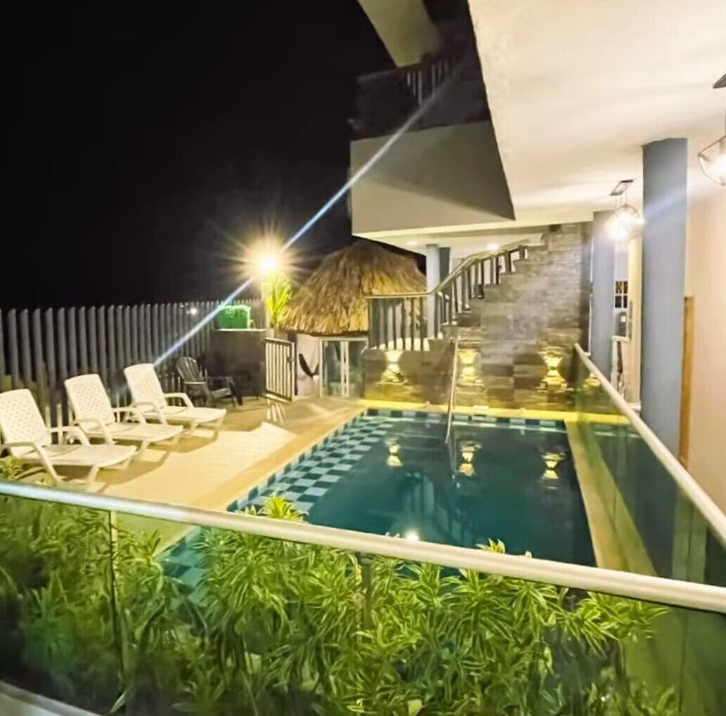 A swimming pool with lounge chairs and a thatched-roof structure, surrounded by greenery and a stone wall.