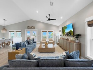Smart TV, fireplace, table tennis, books