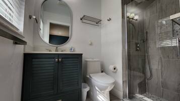 Shower, hair dryer, towels, toilet paper