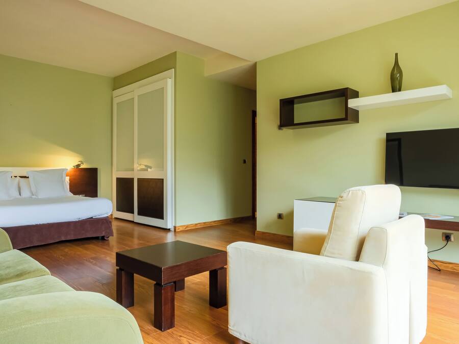 A modern living room with a sofa, a chair, a small table, a bed, and a TV.
