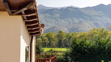 Un balcón con vistas a un paisaje montañoso.