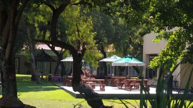 Un patio al aire libre con mesas de picnic y sombrillas, rodeado de árboles y un edificio al fondo.