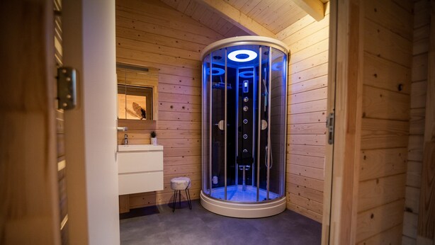 A modern bathroom with a wooden interior, a glass-enclosed shower, and a vanity with a mirror. - Holiday Home in Markelo Near Forest & Pool (Markelo)