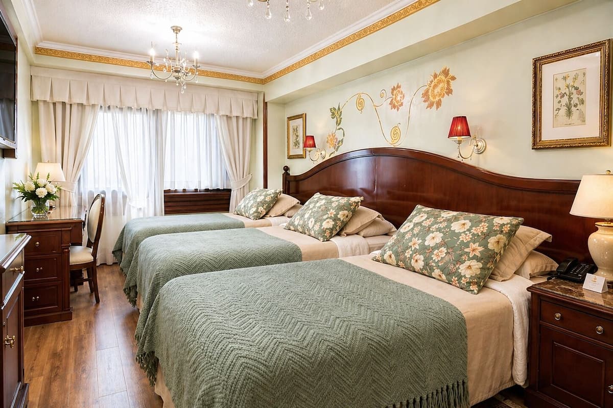 A hotel room with two beds, a wooden dresser, a desk, a chair, a chandelier, and floral wall art.