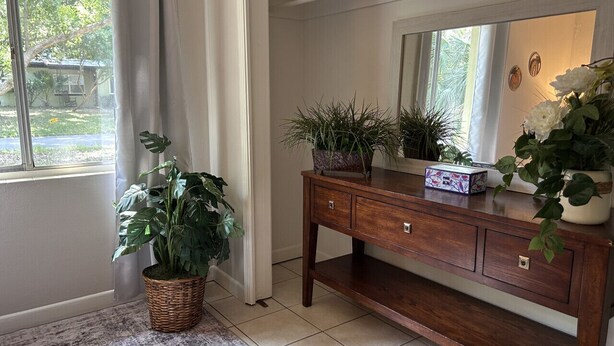 A wooden console table with a mirror and potted plants, a wicker basket, and a patterned box. - Peaceful & Pet Friendly (Gainesville)