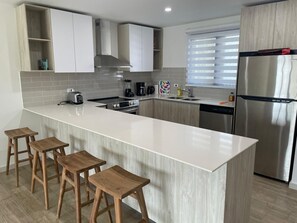 Fridge, microwave, oven, stovetop - 2-bedroom apartment, sea view terrace in marvelous Point Blanche, 2 BA, AC, WIFI (Pointe Blanche)