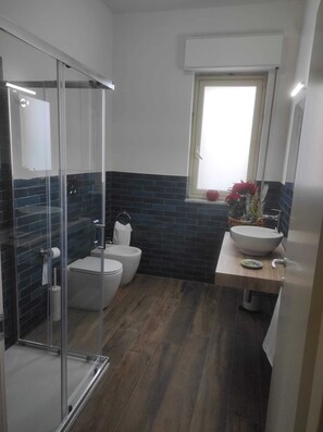 Een douche, een haardroger, een bidet, handdoeken