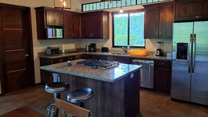 Une cuisine moderne avec des meubles en bois foncé, un îlot central doté de tabourets, des appareils en acier inoxydable et une grande fenêtre offrant une vue sur la verdure.