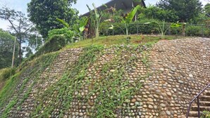 Un mur de pierre avec un escalier menant vers le haut.