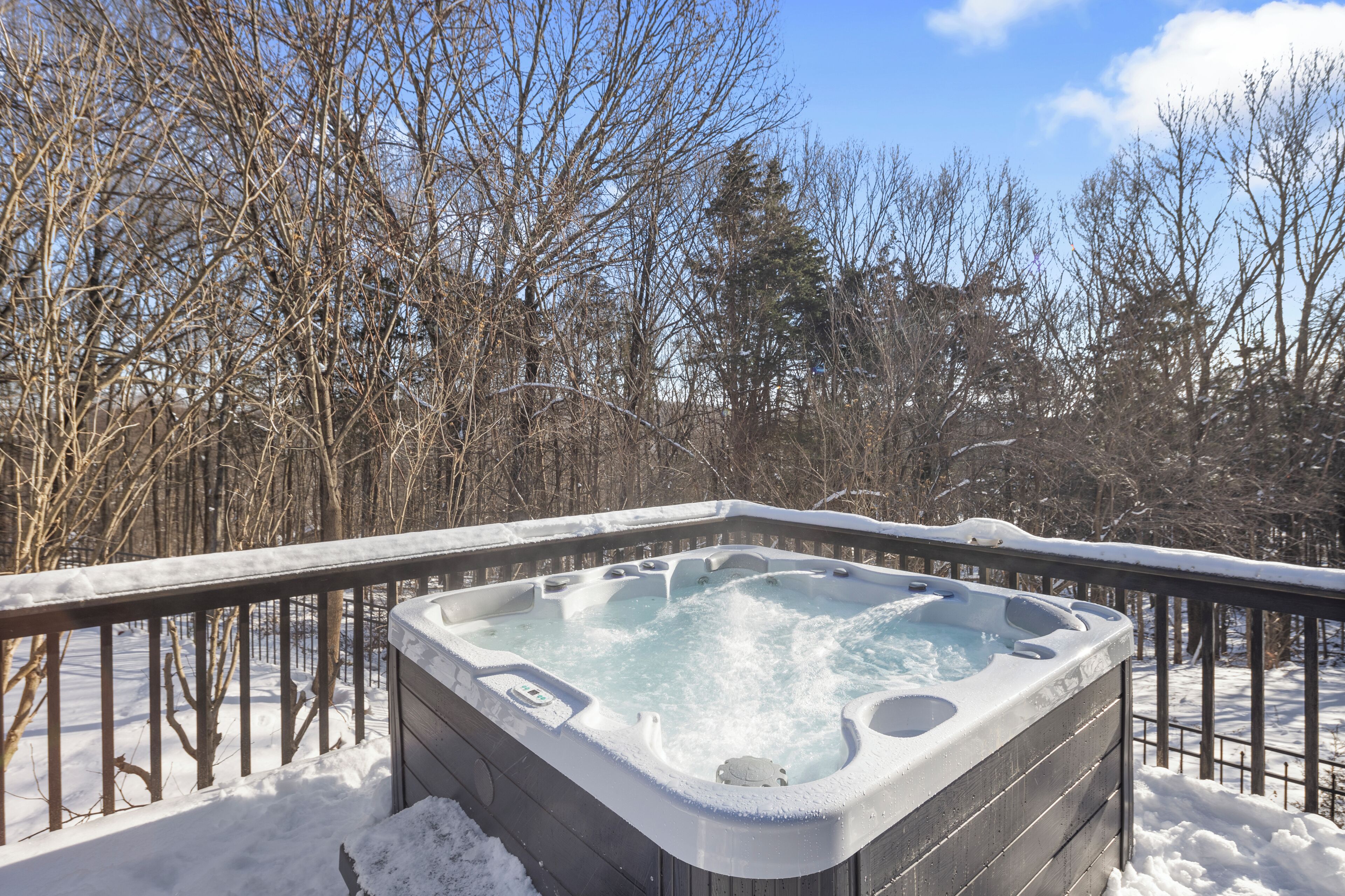Un jacuzzi rodeado de árboles cubiertos de nieve y una terraza de madera.