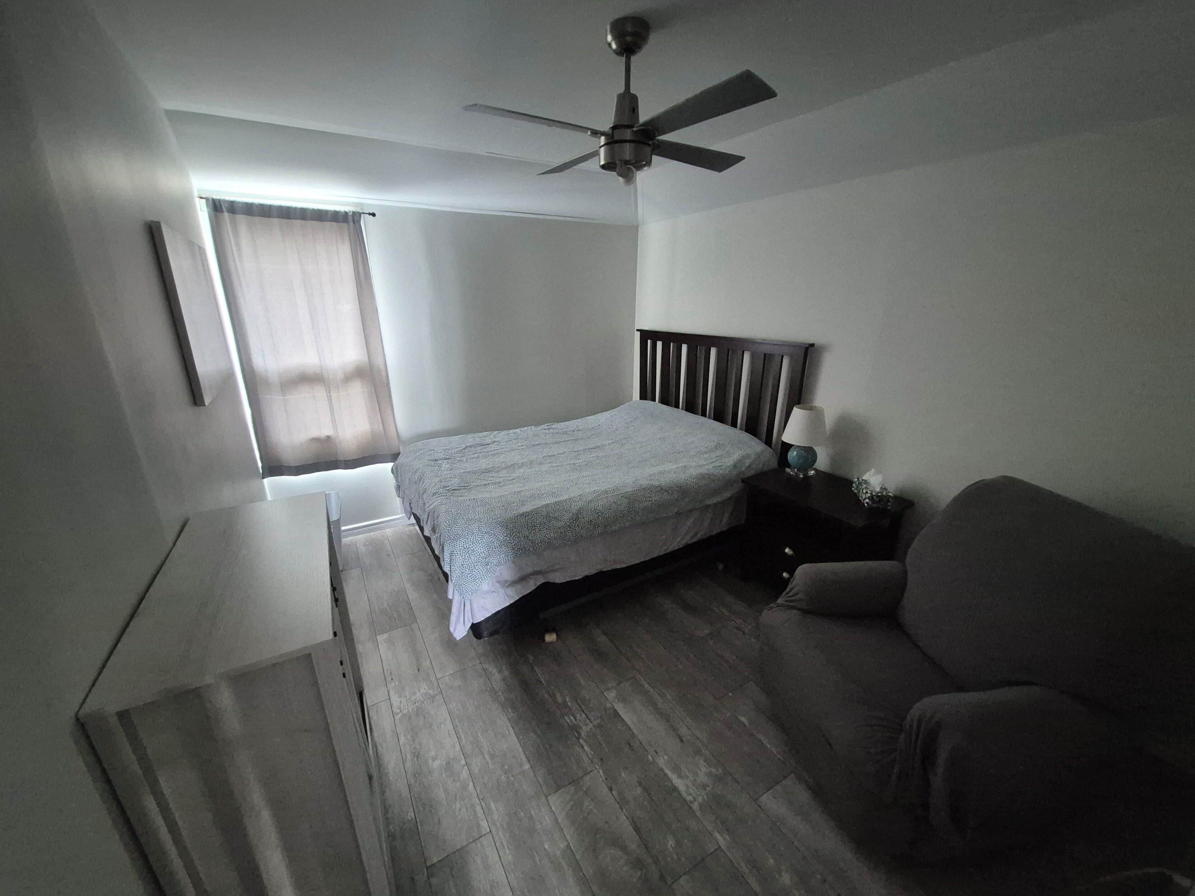 A bedroom with a bed, a ceiling fan, a nightstand with a lamp, a window with curtains, and a sofa.