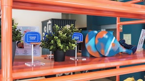 A display with signs reading "POWER FOOD" and "ENERGY FRUIT" on an orange table, surrounded by potted plants and a blue object.