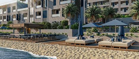 プライベートビーチ、サンラウンジャー、ビーチパラソル、ビーチタオル