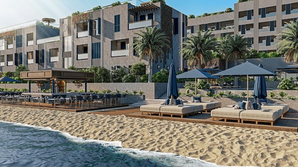 Private beach, sun-loungers, beach umbrellas, beach towels