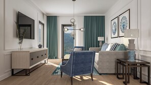 Deluxe Apartment, 2 Bedrooms, Sea View | Living area | 55-inch Smart TV with cable channels