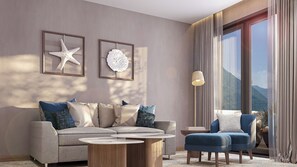 Camera Deluxe, 1 letto matrimoniale con divano letto, vista mare | Biancheria da letto ipoallergenica, minibar, una cassaforte in camera