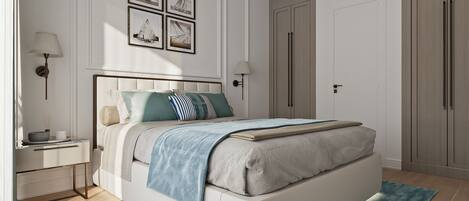 Apartamento luxo, 2 quartos | Roupas de cama antialérgicas, frigobar, cofres nos quartos, escrivaninha