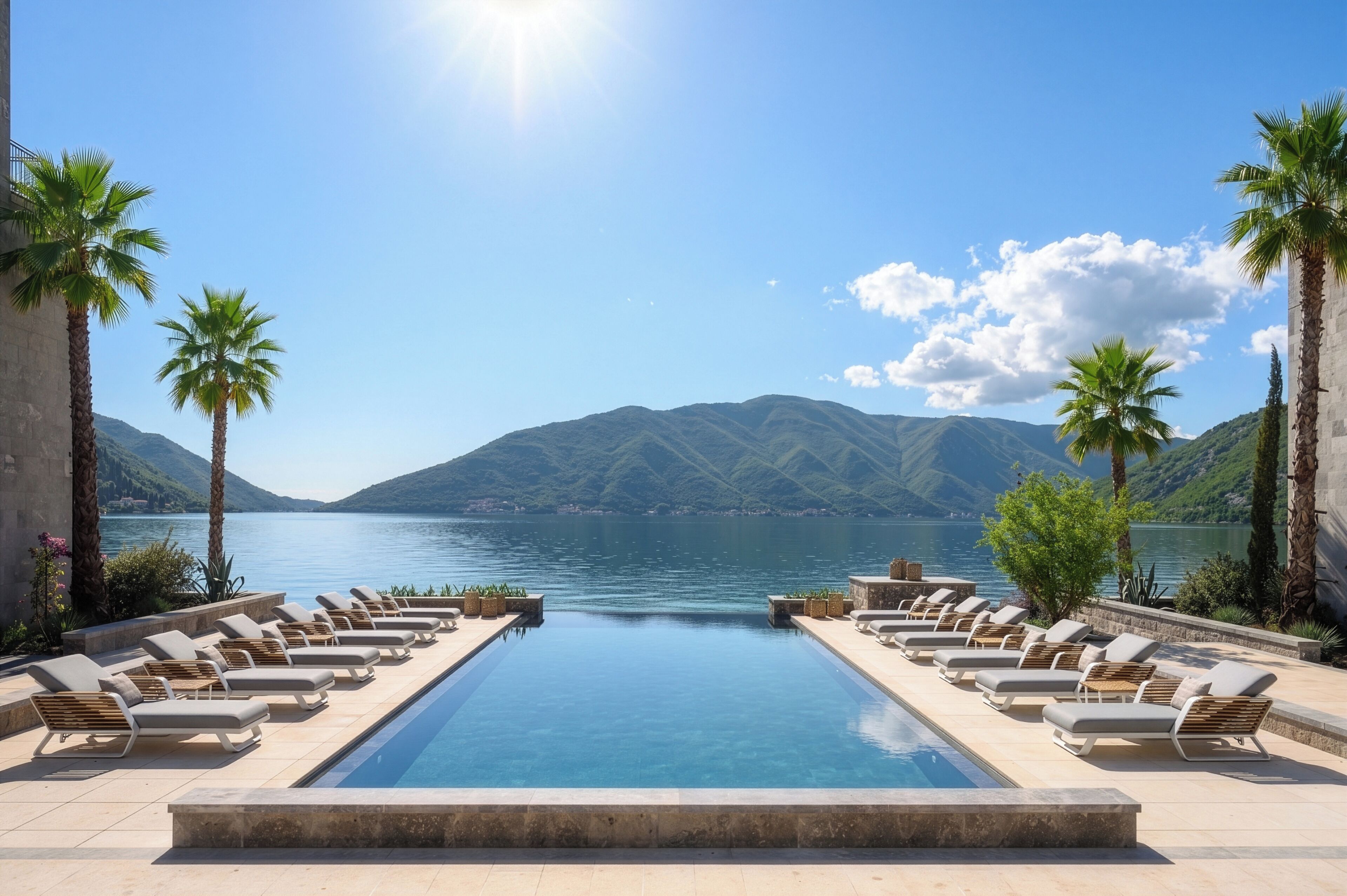 Piscina interna, piscina externa, funciona das 9h às 21h, guarda-sóis