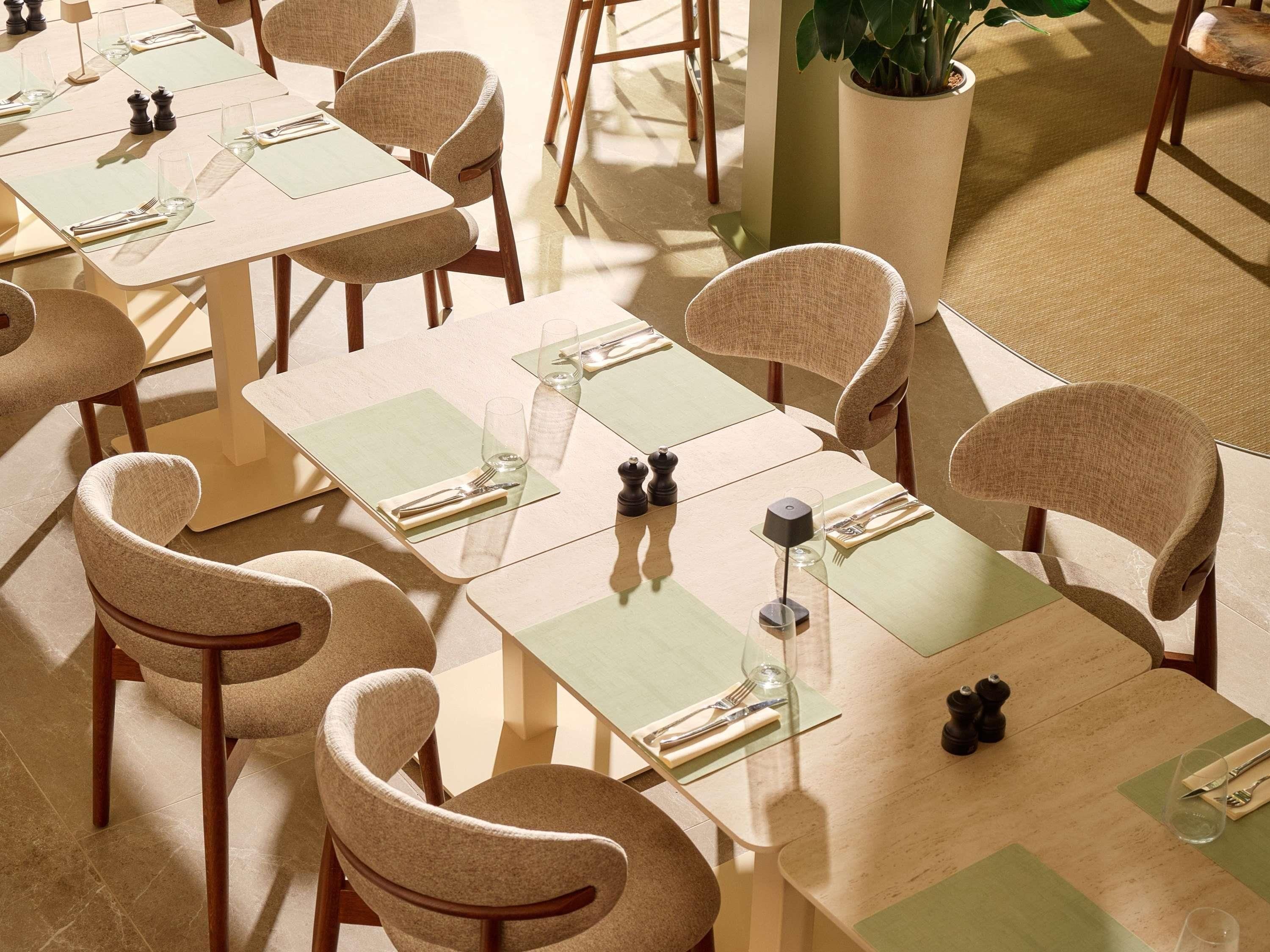 Un espace repas comprenant plusieurs tables, des chaises et une plante en pot.